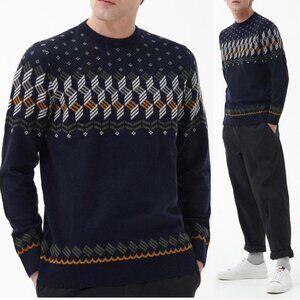 Barbour Men's Tursdale Fair Isle Crew Neck Wool Sweater Size XL Navy NEW